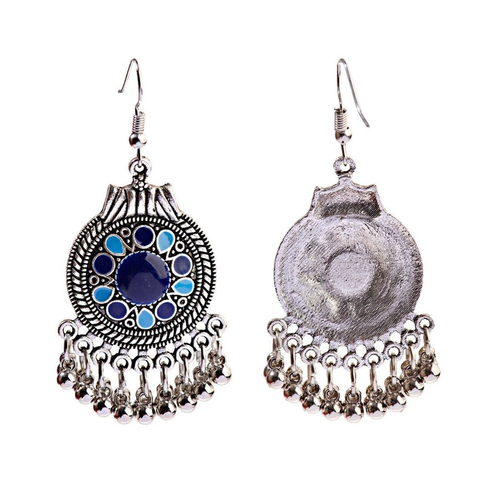 Boho Earrings Silver & Blue Enamel Pierced Dangles 2 3/4" with Tassels NWT M426 - Picture 3 of 4